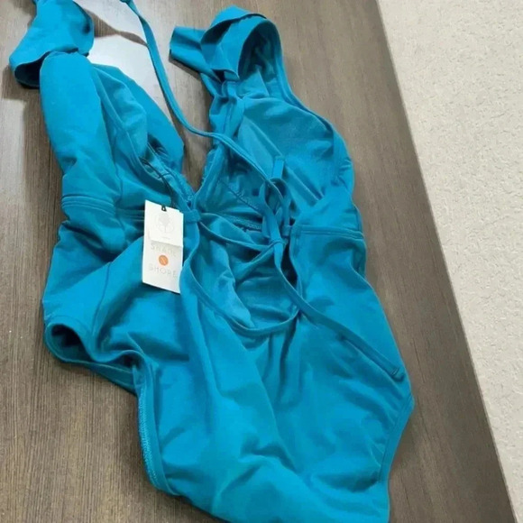 SHADE & SHORE - WOMEN'S ONE-PIECE TEAL CHEEKY SWIMSUIT RUFFLES STRAPS L (12-14) - Picture 11 of 14